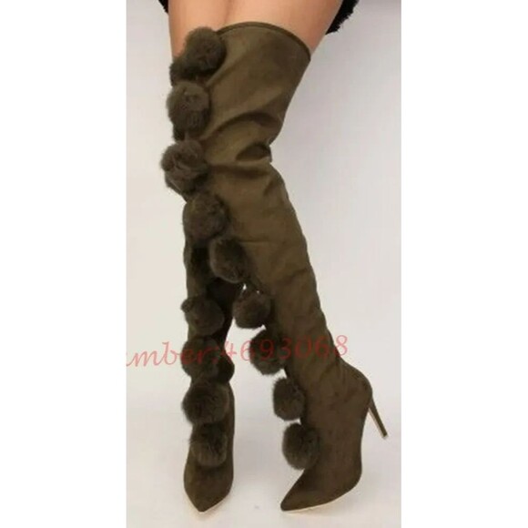 New Cape Robbin GiGi Pom Pom Over The Knee High Heel Boots Olive Army Green 8M - Picture 2 of 16